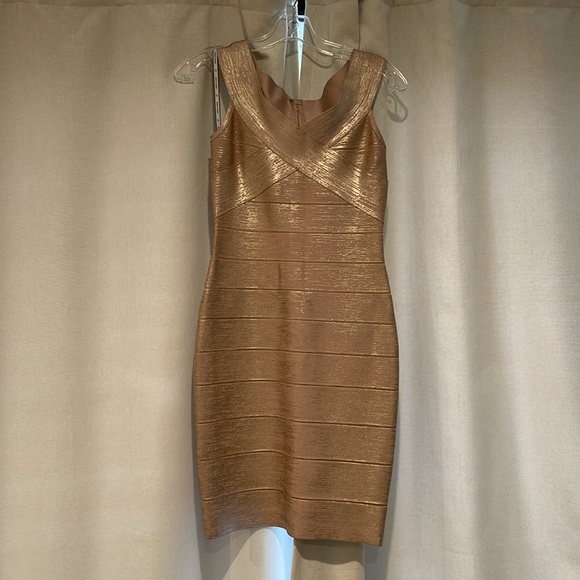 Hervé Leger Rose Gold Foil Metallic Bandage Dress - Picture 2 of 5